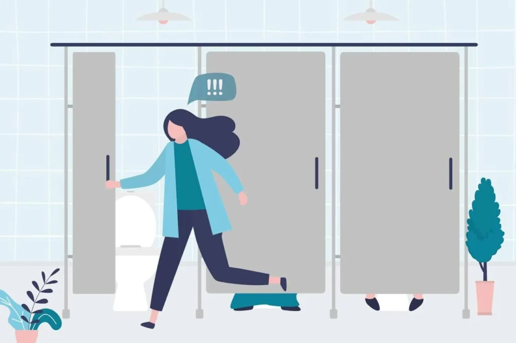 graphic of Urine incontinence Minehead woman running to the toilet.
