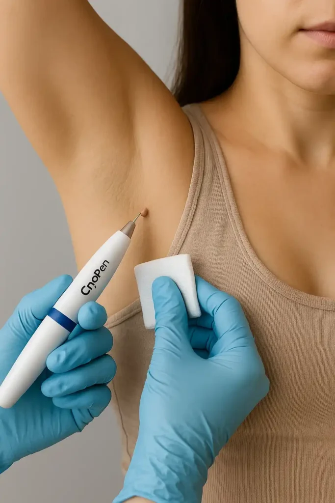 woman having cryopen to remove underarm skin tags Minehead